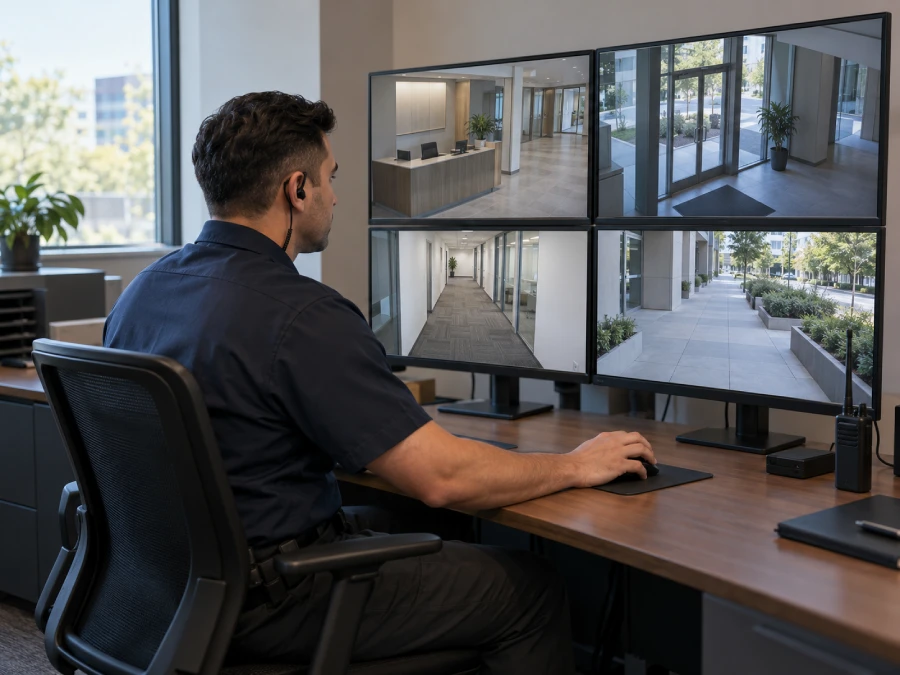 Guard monitoring office CCTV screens